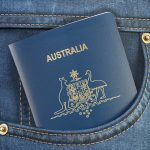 Passport of Australia in pocket jeans. Travel, tourism, emigration and passport control concept. 3d illustration