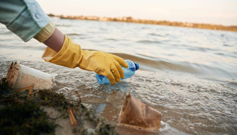 Close up view of female volunteer that is holding plastic bottle, trash pollution