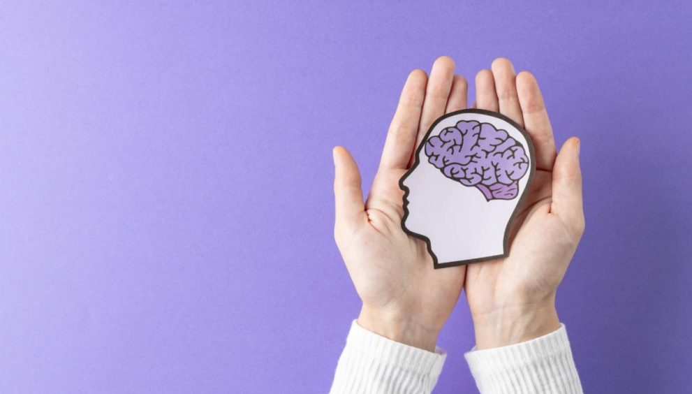 Composition of hands holding head silhouette with purple brain on purple background, with copy space. Medical services, healthcare and mental health awareness concept.